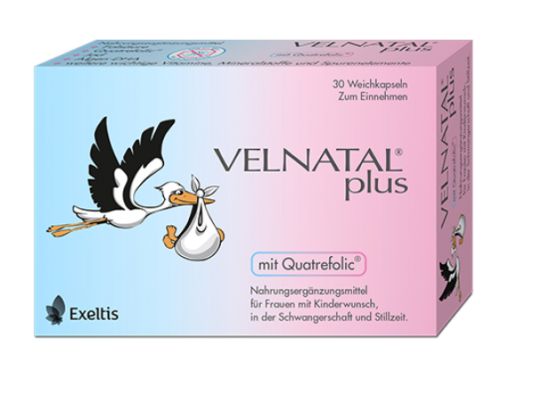 Produktverpackung in groß Nahrungsergänzungsmittel VELNATAL® plus mit Quatrefolic®